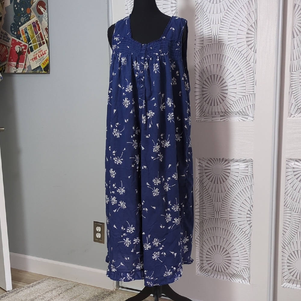 Vintage Blue Floral Long Cotton Nightgown